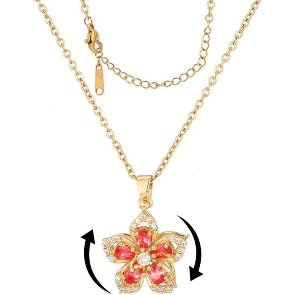 Women Gold Flower Fidget Red Set Necklace Rotatable Crystal Blossom Pendant